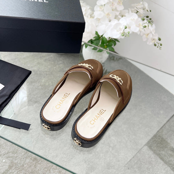 CC 25 Mule Dark Brown Calfskin Gold Double C