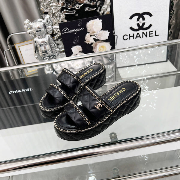 CC 25 Slide Leather Chain 6cm Black Lambskin 338660