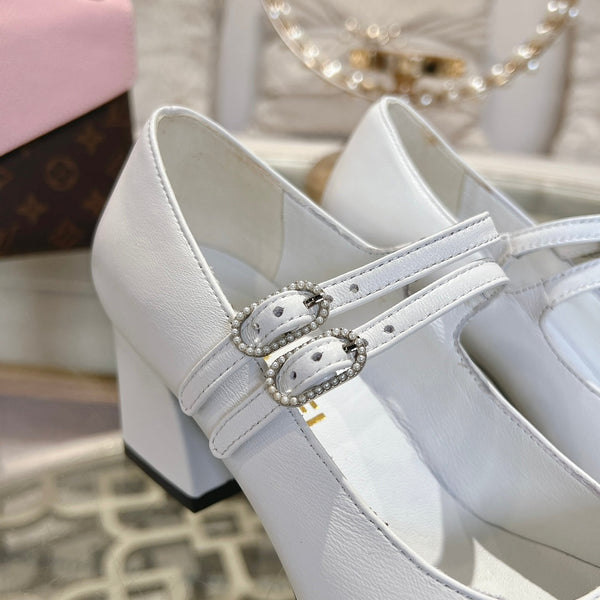 mary janes 60 double buckle white calfskin black grosgrain