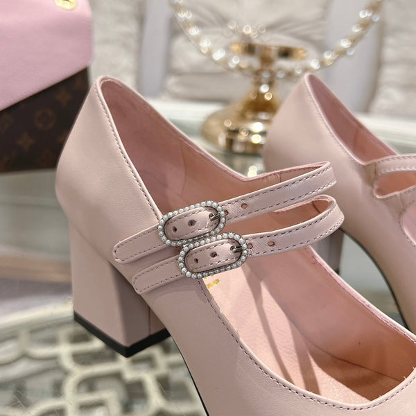 mary janes 60 double buckle light pink calfskin black grosgrain