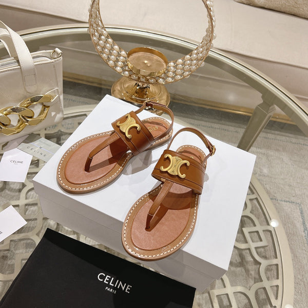 LYMPIA TRIOMPHE THONG IN CALFSKIN CARAMEL BROWN