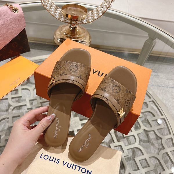 lv sandal isola flat mule brown monogram calfskin