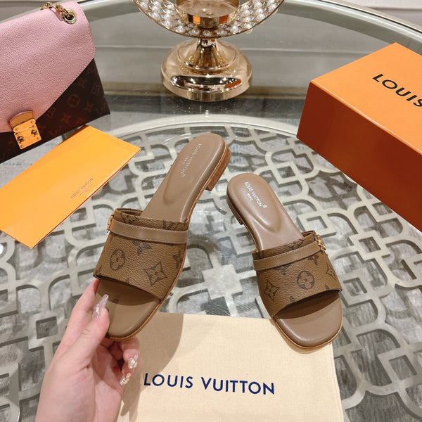 lv sandal isola flat mule brown monogram calfskin