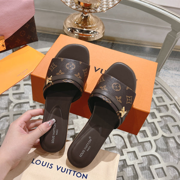 lv sandal isola flat mule dark brown monogram calfskin