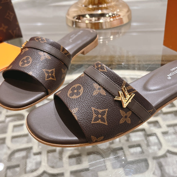 lv sandal isola flat mule dark brown monogram calfskin