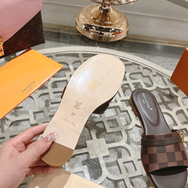 lv sandal isola flat mule brown damier calfskin