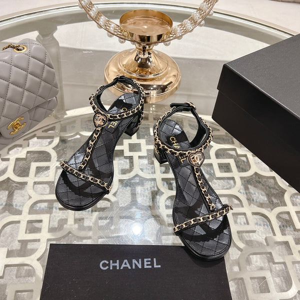 CC 26s Chain T-Strap Charm Sandals 5cm Black Lambskin 736117