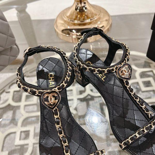 CC 26s Chain T-Strap Charm Sandals 5cm Black Lambskin 736117