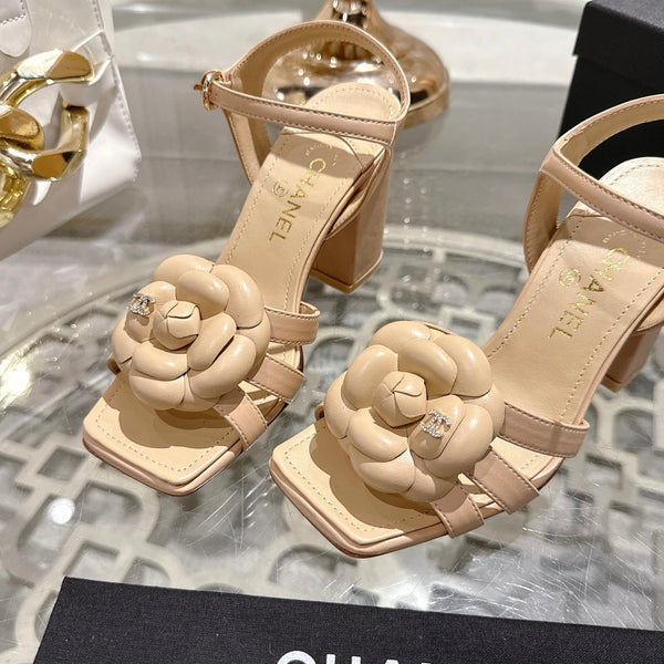 CC Camellia Flower Block Heel Sandals Beige Sheepskin 735990