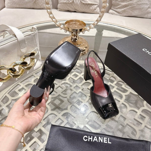 CC 26s Square-Toe High-Heeled Slingbacks 9cm Black Leather 736110