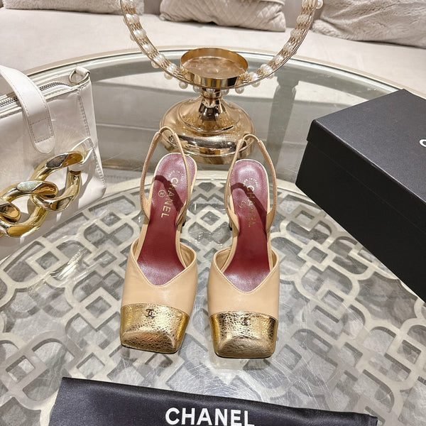 CC 26s Square-Toe High-Heeled Slingbacks 9cm Beige Gold Leather 736111