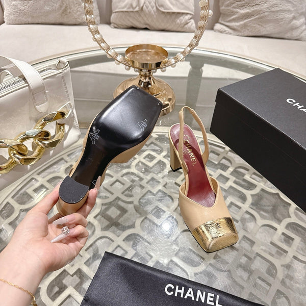 CC 26s Square-Toe High-Heeled Slingbacks 9cm Beige Gold Leather 736111