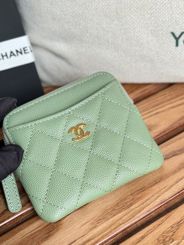 CC Zip Card Holder Wallet Olive Green Gold Metal Caviar 240599