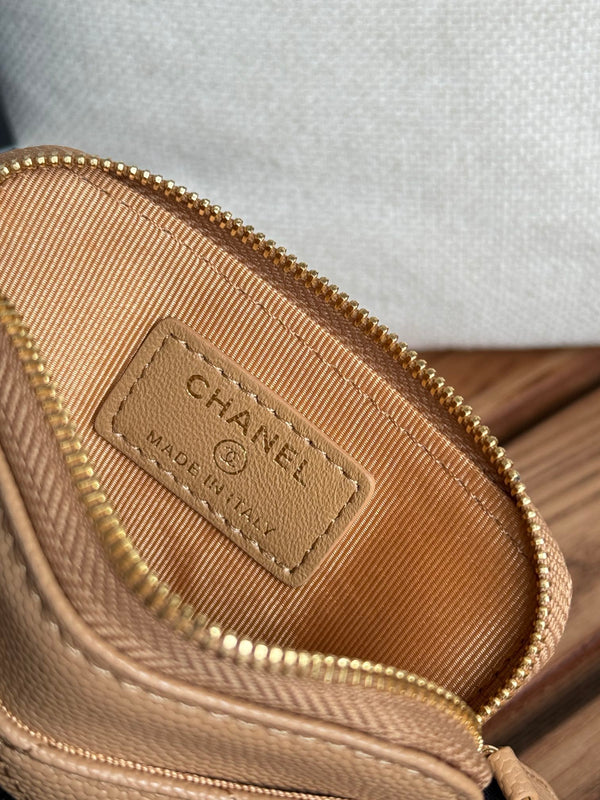 CC Zip Card Holder Wallet Beige Gold Metal Caviar 240603