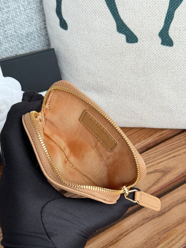 CC Zip Card Holder Wallet Beige Gold Metal Caviar 240603