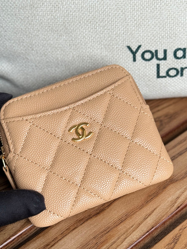 CC Zip Card Holder Wallet Beige Gold Metal Caviar 240603