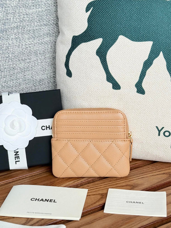 CC Zip Card Holder Wallet Beige Gold Metal Caviar 240603