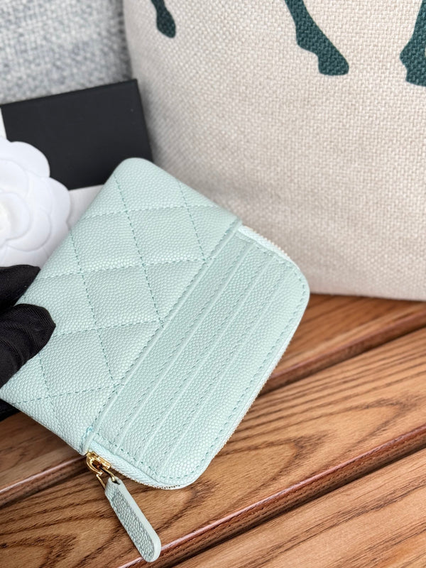 CC Zip Card Holder Wallet Light Blue Gold Metal Caviar 240605