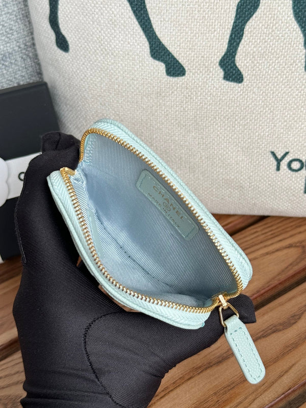 CC Zip Card Holder Wallet Light Blue Gold Metal Caviar 240605