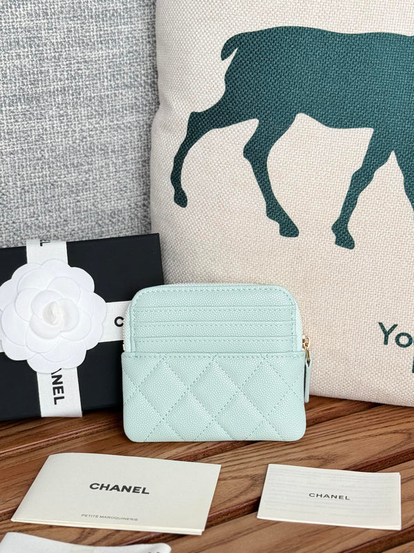 CC Zip Card Holder Wallet Light Blue Gold Metal Caviar 240605