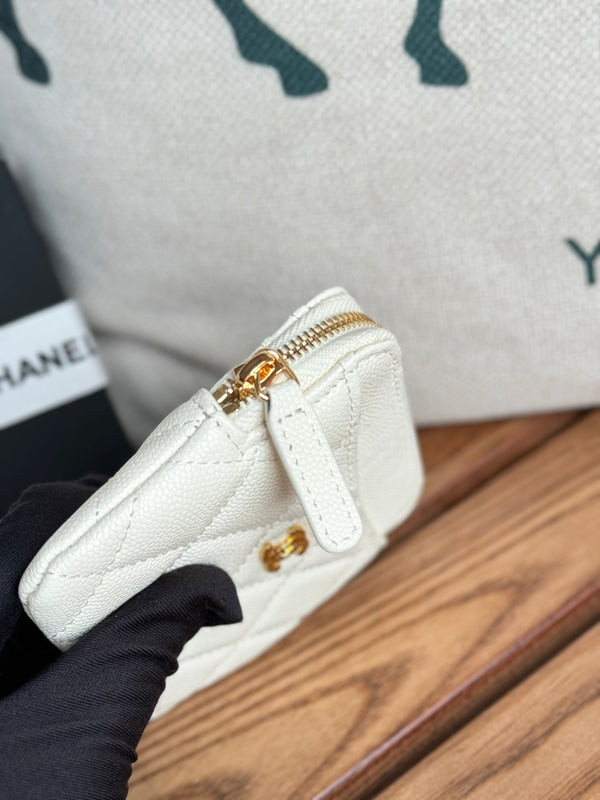 CC Zip Card Holder Wallet White Gold Metal Caviar 240607