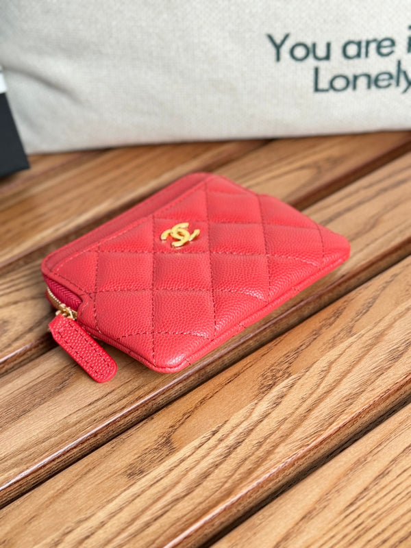 CC Zip Card Holder Wallet Red Gold Metal Caviar 240609