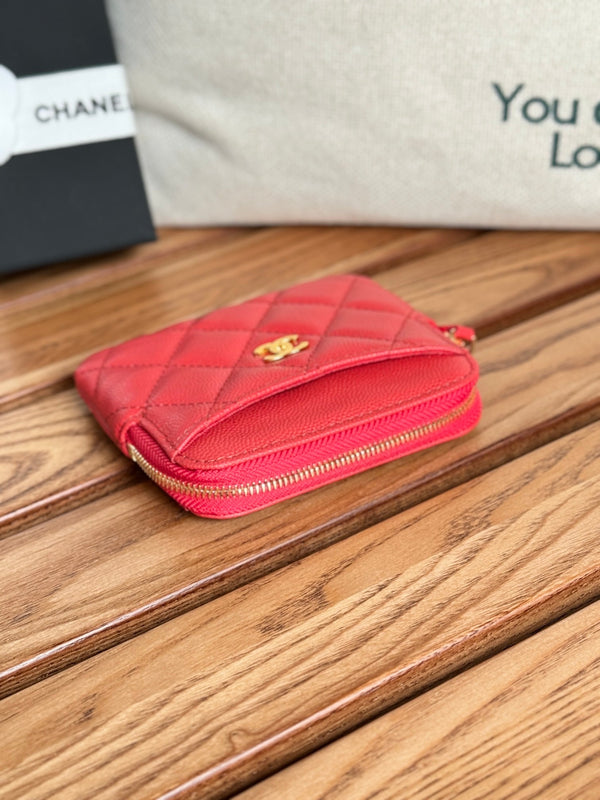 CC Zip Card Holder Wallet Red Gold Metal Caviar 240609