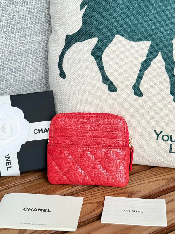 CC Zip Card Holder Wallet Red Gold Metal Caviar 240609