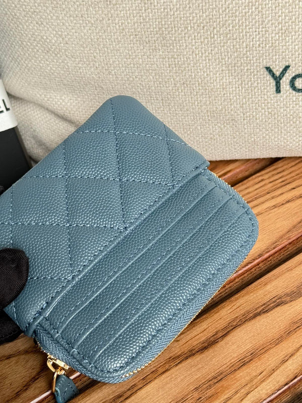 CC Zip Card Holder Wallet Blue Gold Metal Caviar 240611