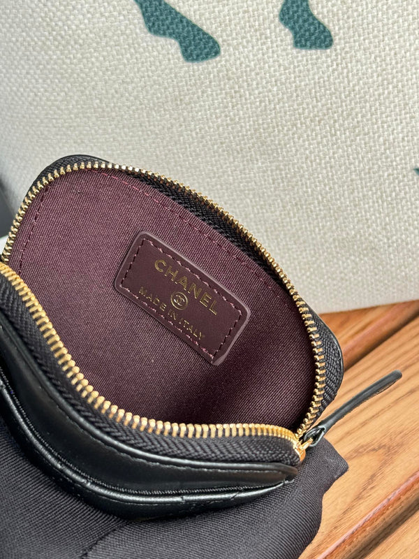 CC Zip Card Holder Wallet Black Gold Metal Lamskin 240617