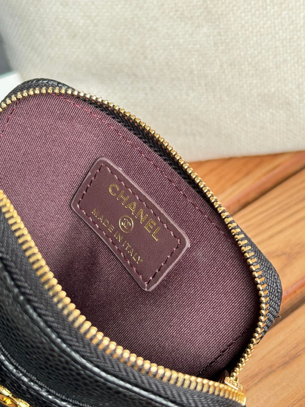 CC Zip Card Holder Wallet Black Gold Metal Caviar 240620