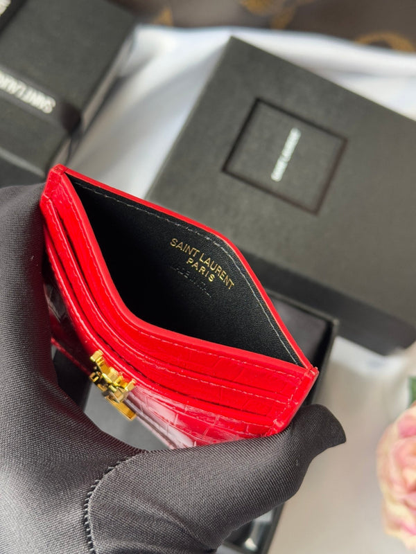 YSL Card Holder 10cm Wallet Red Gold Crocodile Leather 240563