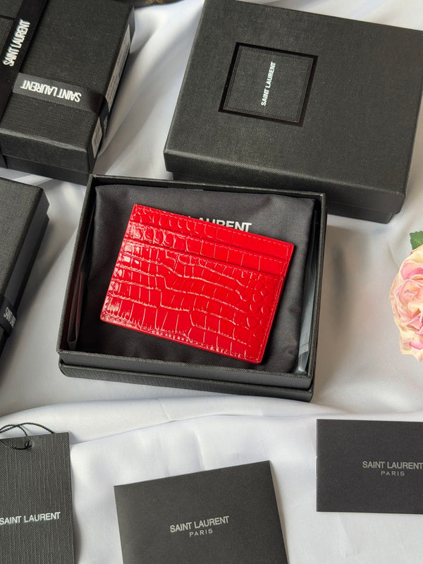 YSL Card Holder 10cm Wallet Red Gold Crocodile Leather 240563