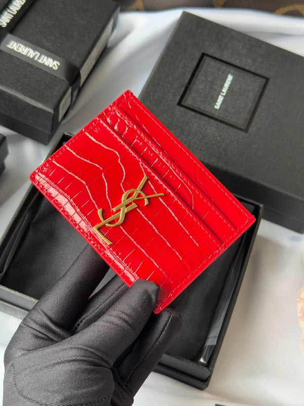 YSL Card Holder 10cm Wallet Red Gold Crocodile Leather 240563