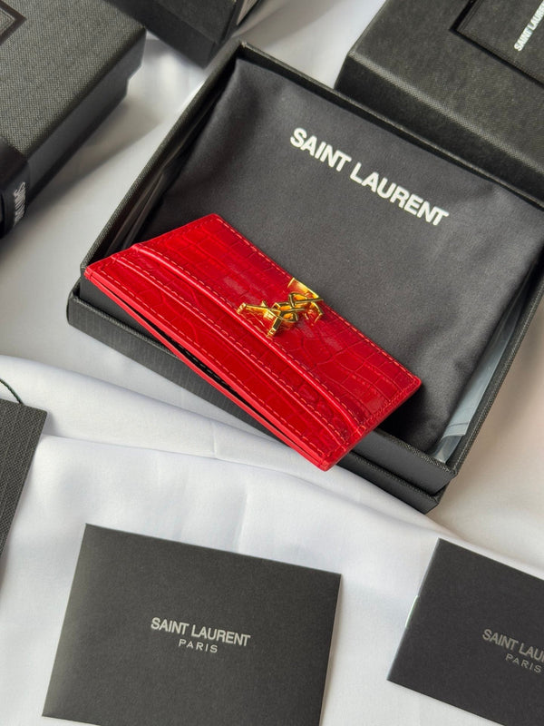 YSL Card Holder 10cm Wallet Red Gold Crocodile Leather 240563