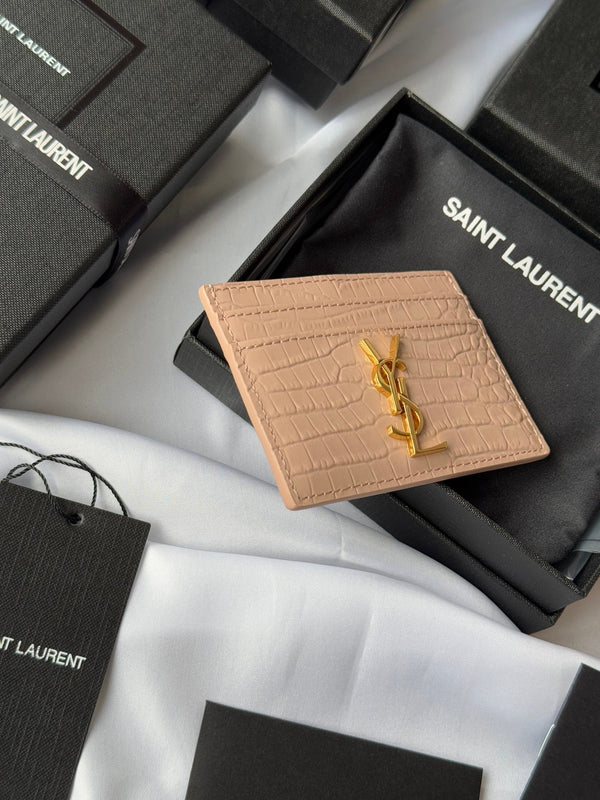 YSL Card Holder 10cm Wallet Pink Gold Crocodile Leather 240557