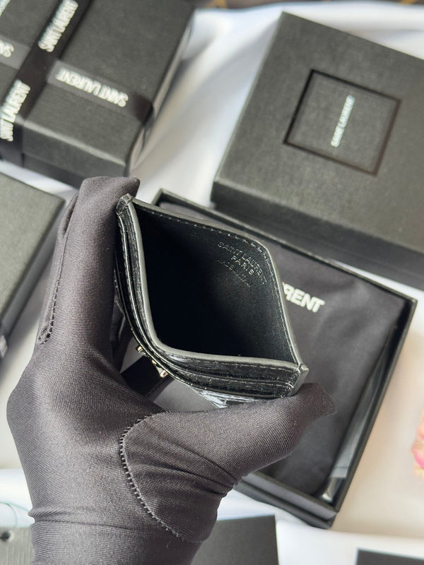 YSL Card Holder 10cm Wallet Black Silver Crocodile Leather 240554