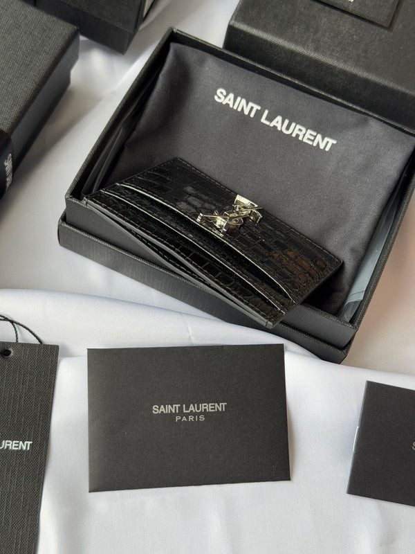 YSL Card Holder 10cm Wallet Black Silver Crocodile Leather 240554