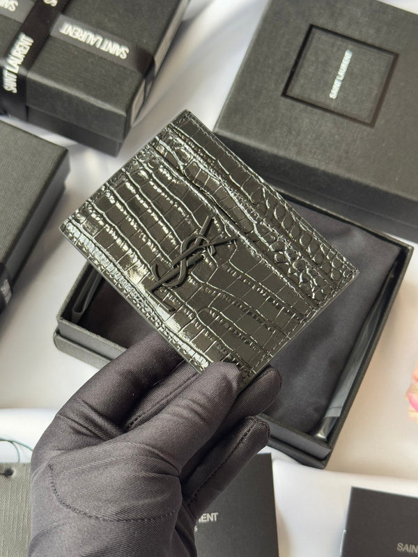 YSL Card Holder 10cm Wallet Full Black Crocodile Leather 240552