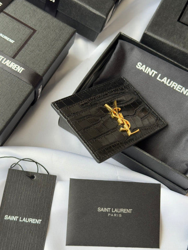 YSL Card Holder 10cm Wallet Black Gold Crocodile Leather 240550