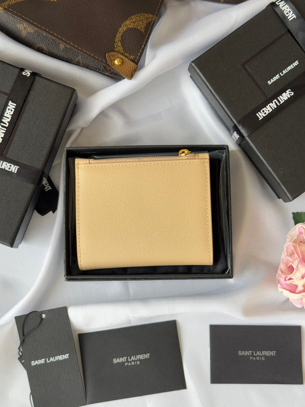 YSL Tri-fold Wallet Beige Gold Cowhide 242756