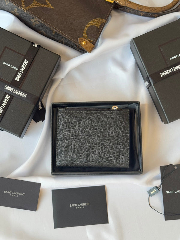 YSL Tri-fold Wallet Black Silver Cowhide 242758