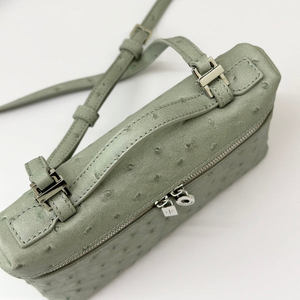 LP Extra Bag 19cm Ostrich Pattern Olive Gray Calfskin Silver Hardware