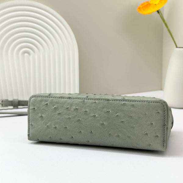 LP Extra Bag 19cm Ostrich Pattern Olive Gray Calfskin Silver Hardware