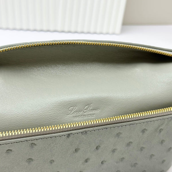LP Extra Bag 19cm Ostrich Pattern Olive Gray Calfskin Gold Hardware