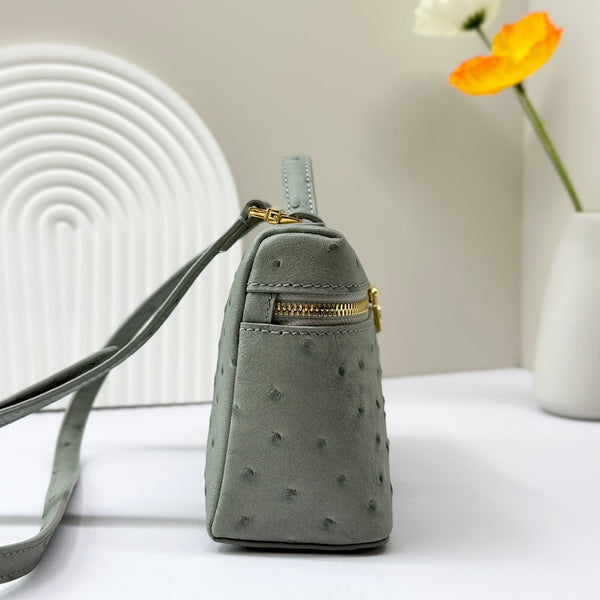 LP Extra Bag 19cm Ostrich Pattern Olive Gray Calfskin Gold Hardware