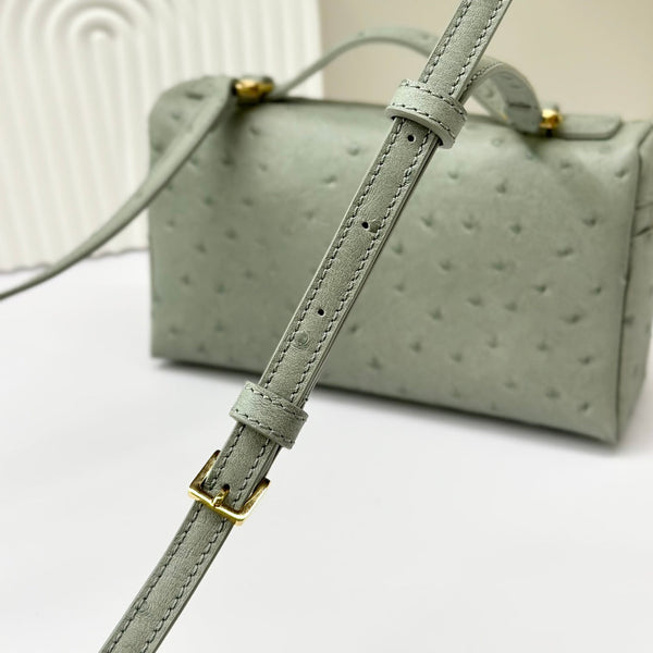 LP Extra Bag 19cm Ostrich Pattern Olive Gray Calfskin Gold Hardware