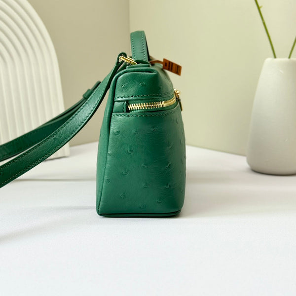 LP Extra Bag 19cm Ostrich Pattern Green Calfskin Gold Hardware