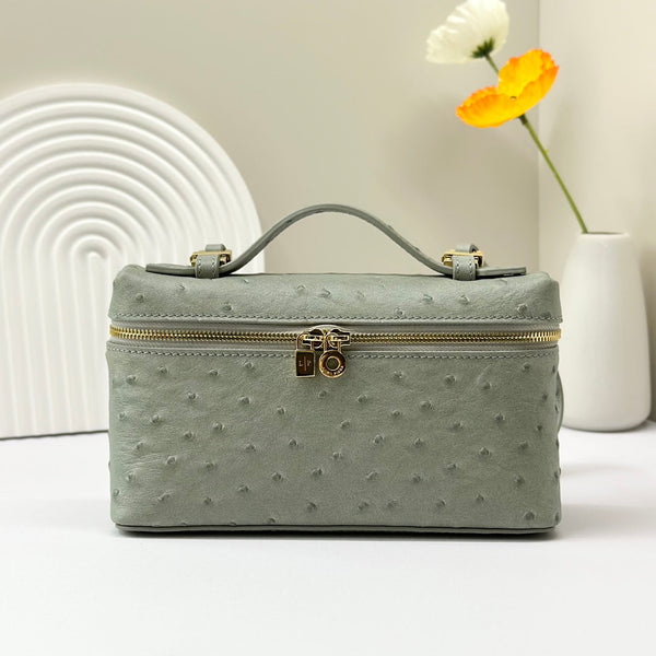 LP Extra Bag 19cm Ostrich Pattern Olive Gray Calfskin Gold Hardware