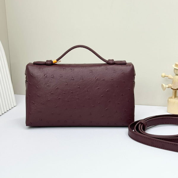LP Extra Bag 19cm Ostrich Pattern Burgundy Calfskin Gold Hardware